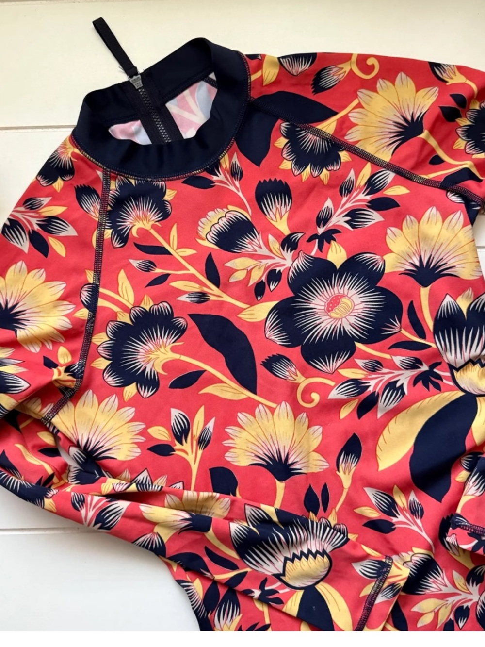 Women’s Floral Long-Sleeve Swim Top - Coral, Navy & Yellow Zipper in Back